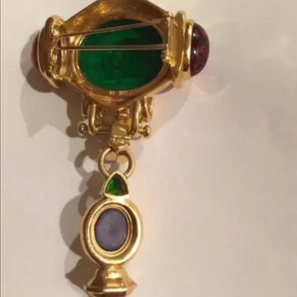 TAGLIAMONTE 18K GOLD VENETIAN GLASS WITH RUBY CABACHON BROOCH 2 PIECES - Picture 3 of 7